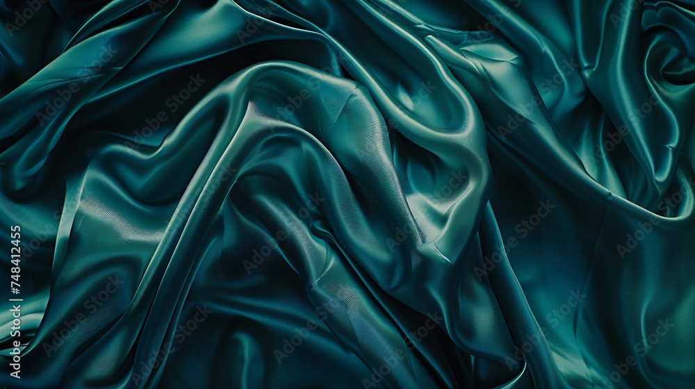 Obraz premium Blue green silk satin fabric Teal color elegant background Liquid wave or silk wavy folds Beautiful dark turquoise background with copy space for your design : Generative AI