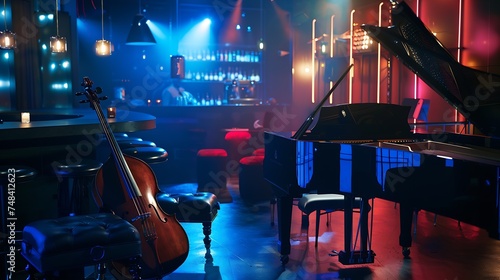 Modern jazz bar interior design stage with black piano and cello : Generative AI photo