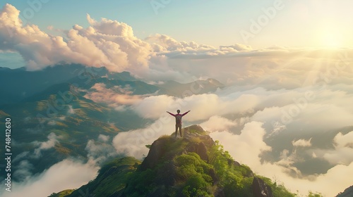 Man traveler on mountain summit enjoying nature view with hands raised over clouds Sport travel business and success leadership and achievement concept : Generative AI