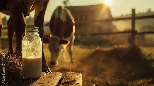Milk with hay on wooden table and cow grazing in meadow : Generative AI