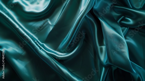 Beautiful blue green silk satin Soft folds on shiny fabric Luxury turquoise background with copy space for design Web banner Flat lay top view Birthday Christmas Valentine Valentines D : Generative AI photo