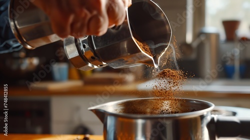 Man preparing classic Italian coffee in the mocha in the kitchen filling funnel of a moka pot with ground coffee Coffee brake Morning habit : Generative AI photo