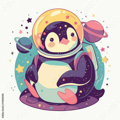 Penguin in space wearing a helmet illustration minimal 2D vector for design