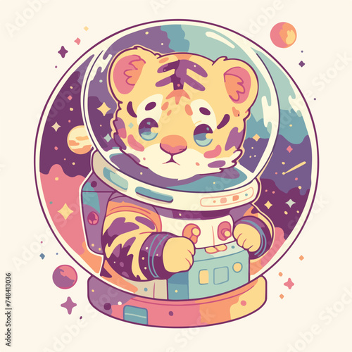 Tiger in space wearing a helmet illustration minimal 2D vector for design