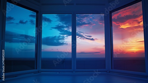 Beautiful view of sky through windows in day and night collage : Generative AI