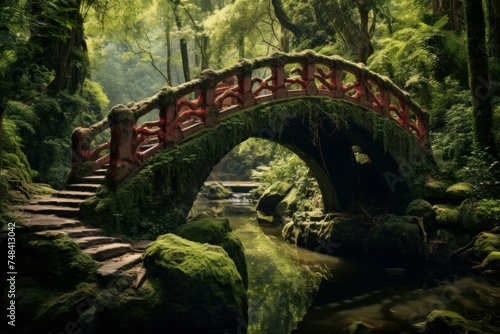 Verdant Oriental forest bridge. Oriental architecture. Generate Ai