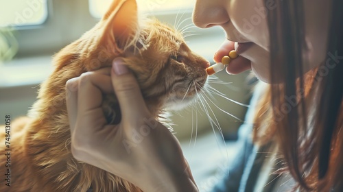 Woman giving pill to cute cat indoors closeup Vitamins for animal : Generative AI