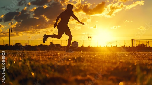Silhouette of a soccer player on a football field at sunset Sporty man is dribbling with the ball outdoor : Generative AI