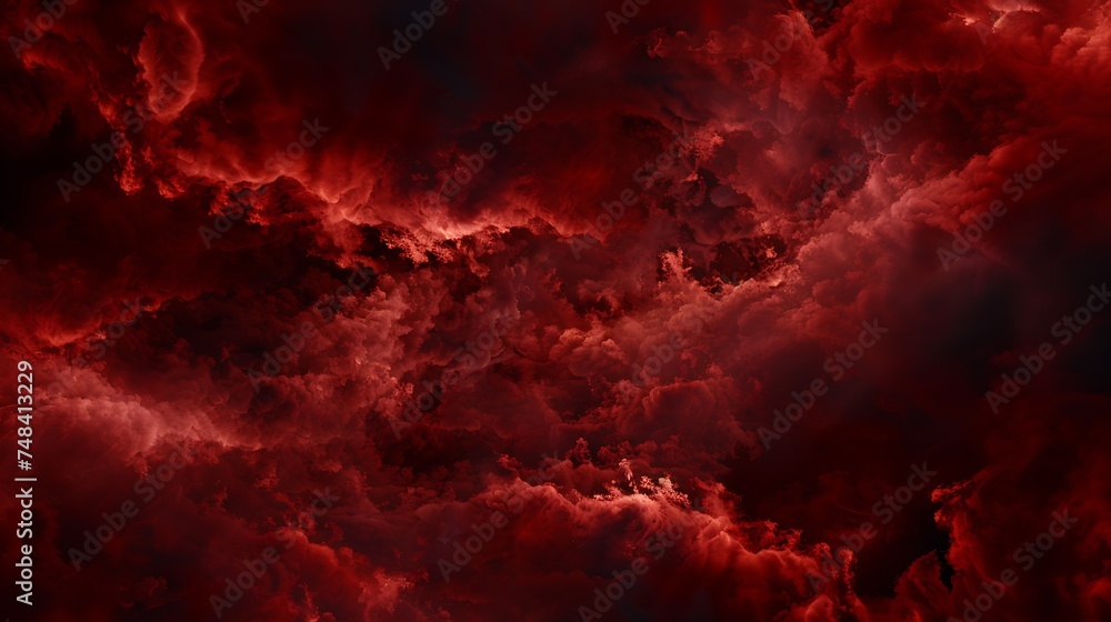 Black blood red fiery sky with clouds Horror background for design Dramatic frightening ominous skies Hell inferno Scary creepy evil spooky eerie Armageddon apocalypse concept : Generative AI - obrazy, fototapety, plakaty 