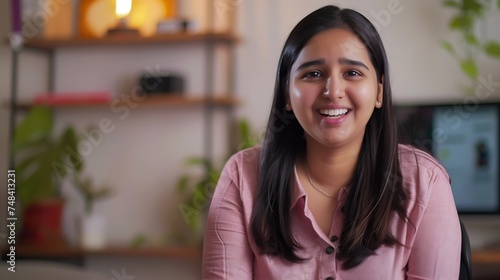 Wallpaper Mural Happy young indian woman blogger applicant teacher sit at home office look at camera doing online job interview during video chat conference call record vlog teaching on webinar in app : Generative AI Torontodigital.ca