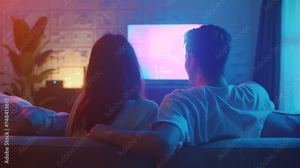Back view of a couple watching tv in a couch at home Blank screen view : Generative AI Back view of a couple watching tv in a couch at home Blank screen view : Generative AI