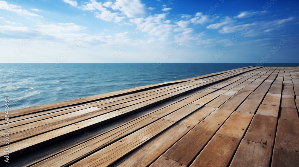 Tranquil Ocean View from Wooden Pier Deck Under Clear Blue Sky