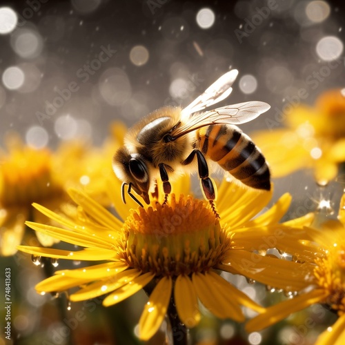 Majestic Honeybee Gathering Pollen on Vibrant Yellow Flower Against Shimmering Background