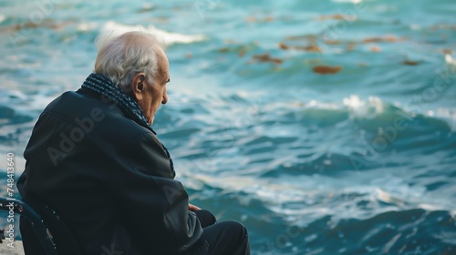 Sad old man sitting by the sea Concept about people sadness and loneliness : Generative AI