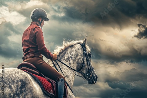 illustrated of Equestrian sports themed photograph horse jumping over an obstacle with Digital painting style.