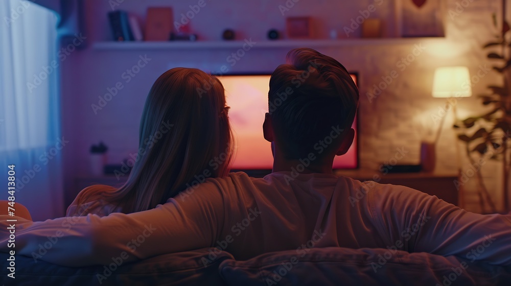 Happy couple watching a movie on tv sitting on a couch at home : Generative AI