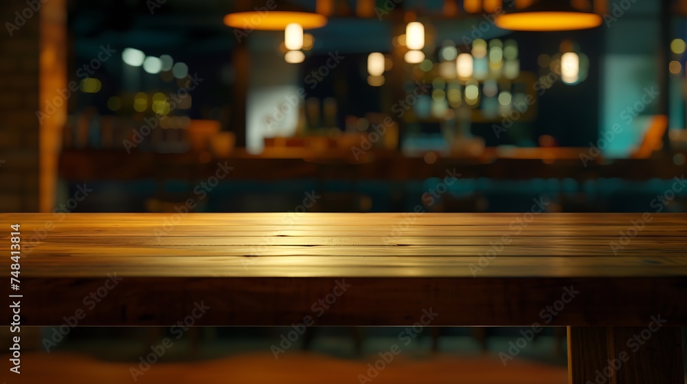 Empty wood table for product display in blur background of admirable restaurant at night : Generative AI