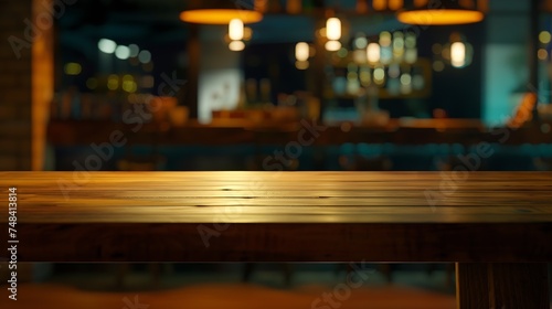 Empty wood table for product display in blur background of admirable restaurant at night   Generative AI