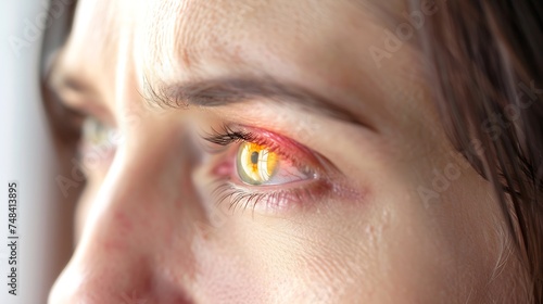 Woman checking her health condition closeup Yellow eyes as symptom of problems with liver : Generative AI