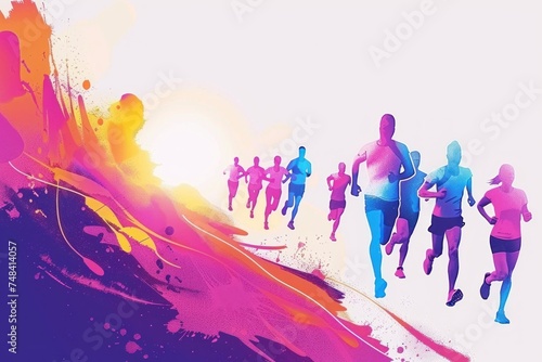 Colorful splash Running marathon poster, people run, colorful poster. Generative AI.