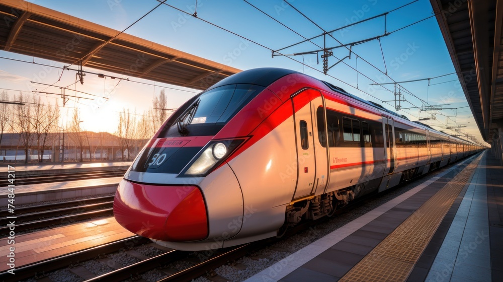 Front perspective of a high-speed train approaching a station, natural rim light. Generative AI. Front perspective of a high-speed train approaching a station, natural rim light. Generative AI.
