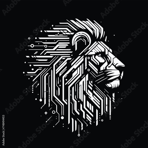 lion cat, wildcat, animal in techno cyberpunk and steampunk tattoo, wire, machine gear logo,

