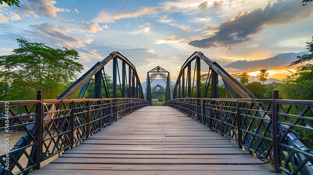 Iron bridge in Chiangmai Thailand with Beautiful sky with cloud before sunset : Generative AI