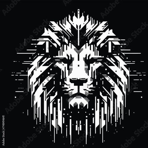 lion cat, wildcat, animal in techno cyberpunk and steampunk tattoo, wire, machine gear logo, 