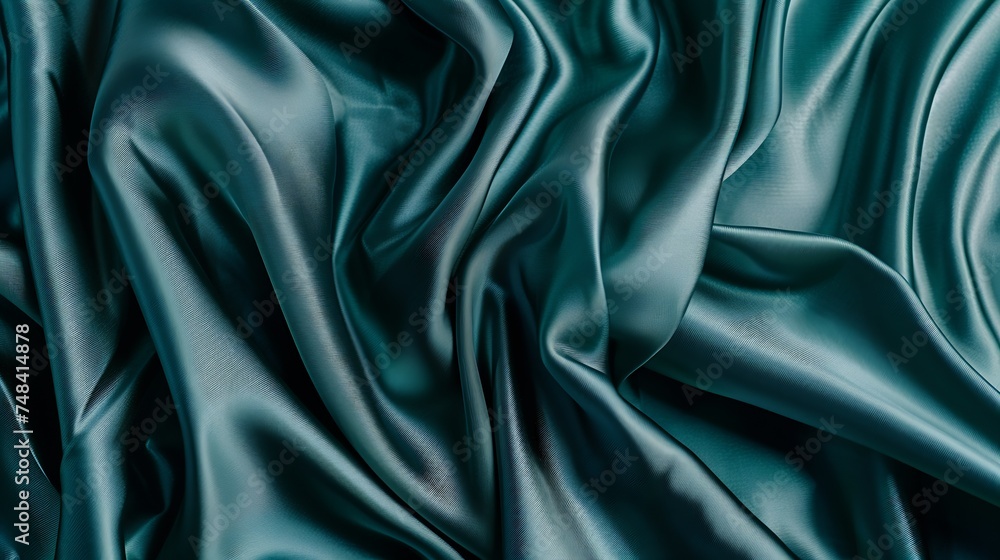 Obraz premium Blue green silk satin Soft wavy folds Shiny silky fabric Dark teal color elegant background with space for design Curtain Drapery Christmas valentine anniversary celebration concept : Generative AI