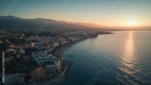 Aerial view of Marbella a small city along the Mediterranean Sea coastline at sunset Malaga province Andalusia Spain : Generative AI
