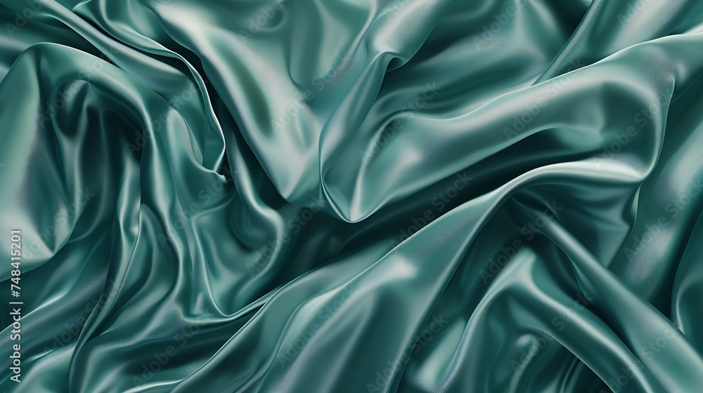 Obraz premium Beautiful blue green silk satin Soft folds on shiny fabric Luxury turquoise background with copy space for design Web banner Flat lay top view Birthday Christmas Valentine Valentines D : Generative AI
