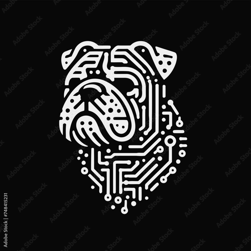 bulldog, animal in techno cyberpunk and steampunk tattoo, wire, machine gear logo, 