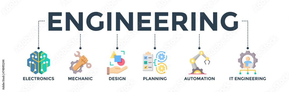 Engineering banner web icon concept with icon of electronics, mechanic, design, planning, automation and it engineering. Vector illustration Engineering banner web icon concept with icon of electronics, mechanic, design, planning, automation and it engineering. Vector illustration