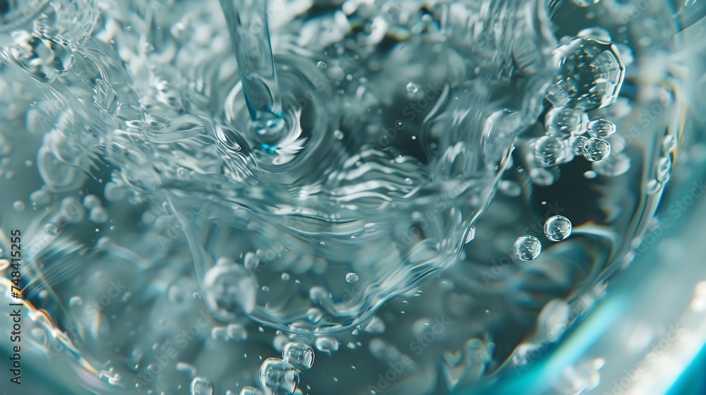 Beautiful texture of flow stream water closeup macro A stream of clean transparent water is poured into a blue glass beaker on a silvery background with drops : Generative AI Beautiful texture of flow stream water closeup macro A stream of clean transparent water is poured into a blue glass beaker on a silvery background with drops : Generative AI