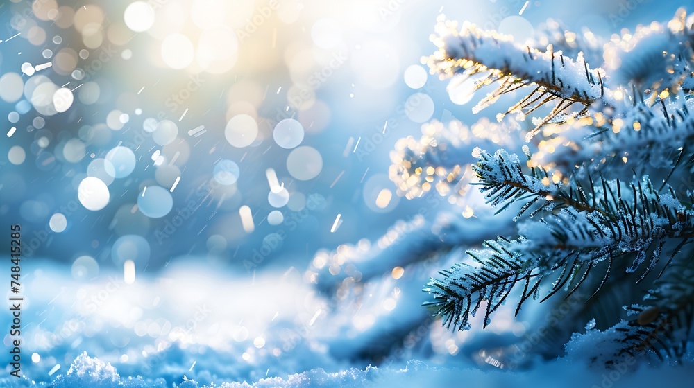 Christmas winter snow background with fir branches macro with soft focus and snowfall in blue tones with beautiful bokeh in sunny day copy space : Generative AI