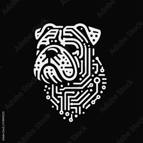 bulldog, animal in techno cyberpunk and steampunk tattoo, wire, machine gear logo, 