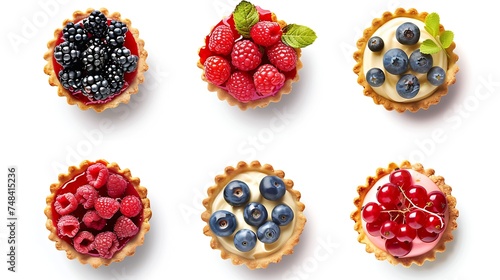 Set of tasty sweet tartlets with fresh berries on white background top view Banner design : Generative AI