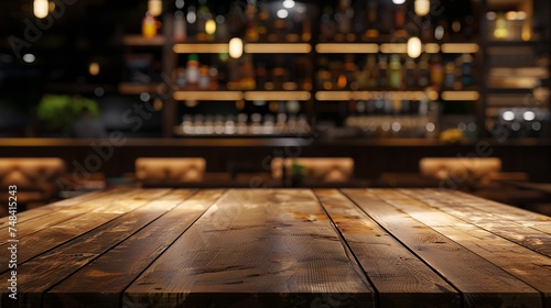 Empty real wood table top with light reflection on scene at restaurant pub or bar at night Blurred background for product display or montage your products with several concept idea and : Generative AI