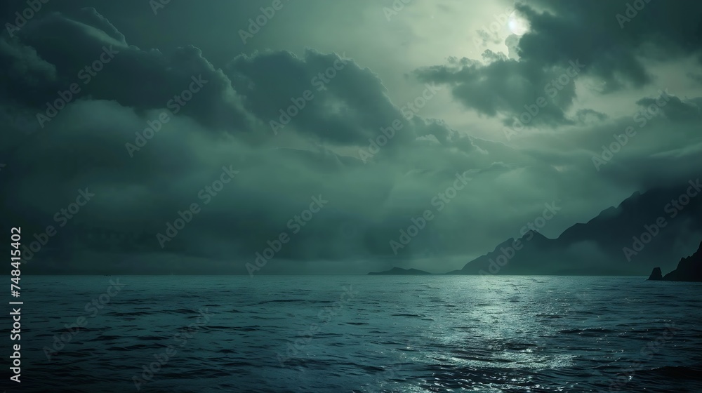 Bluegreen clouds over the sea Toned dark water and sky Background with space for design Silhouette of mountains on the horizon Calm atmosphere Moonlight Fantasy mystic : Generative AI - obrazy, fototapety, plakaty 
