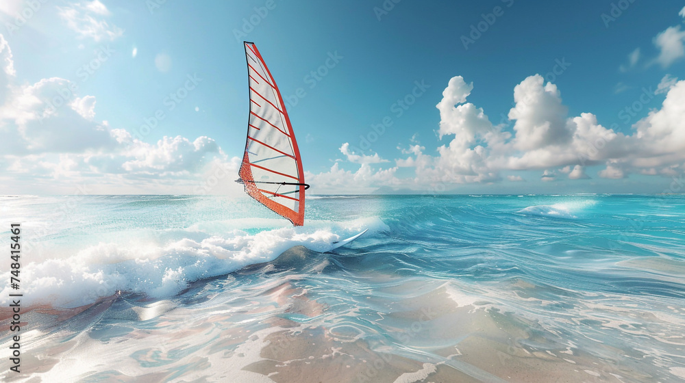 A dynamic shot of a professional windsurfer riding the waves on a pristine beach. realistic stock photo A dynamic shot of a professional windsurfer riding the waves on a pristine beach. realistic stock photo