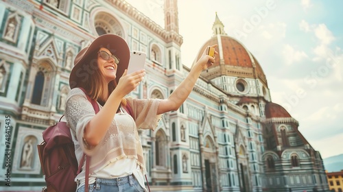 Tourist female visiting Florence cathedral Italy Traveller girl taking selfie portrait in front of Il Duomo di Firenze or Basilica di Santa Maria del Fiore Italian touristic attraction : Generative AI