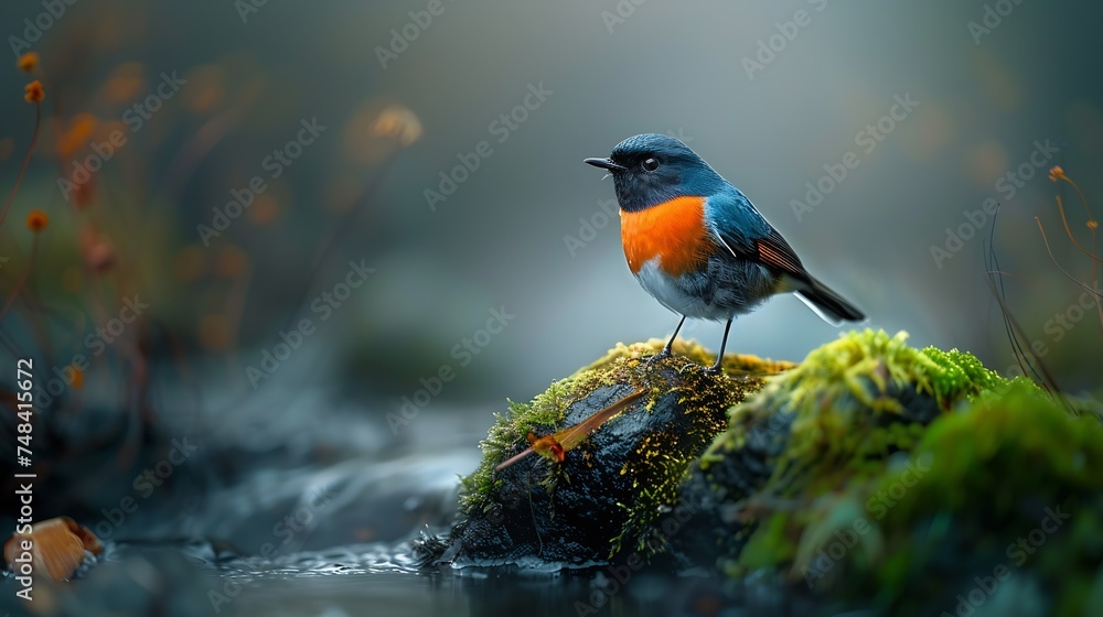 Fototapeta premium Beautiful male of Plumbeous Redstart the ball blue bird standing on the mossy rock in the stream : Generative AI