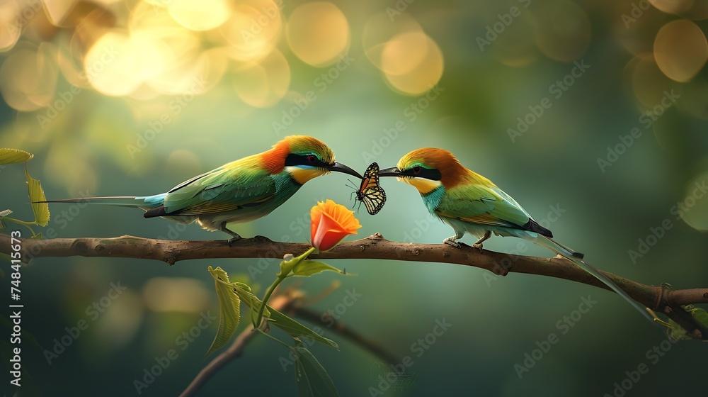 Green bird Blue tailed Bee eater eating butterfly on branch : Generative AI - obrazy, fototapety, plakaty 
