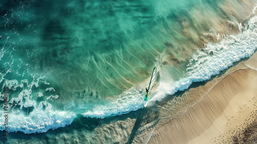 A dynamic shot of a professional windsurfer riding the waves on a pristine beach. realistic stock photo