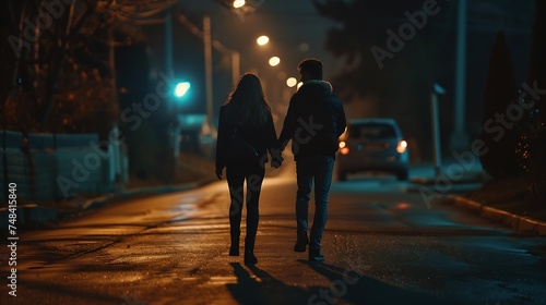 Young romantic couple holding hands walk on the road : Generative AI
