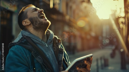 Euphoric winner man screaming with a tablet in the street : Generative AI