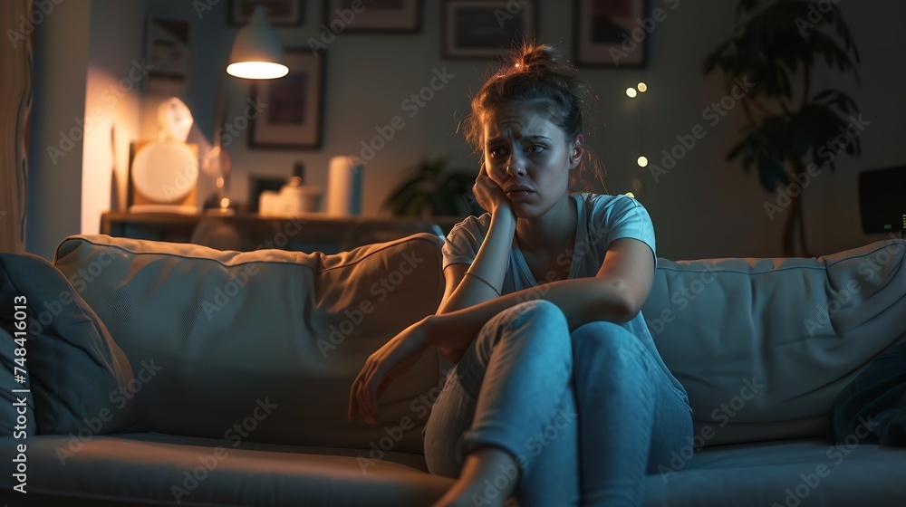 Obraz premium Woman complaining during a blackout sitting on a couch in the living room at home : Generative AI