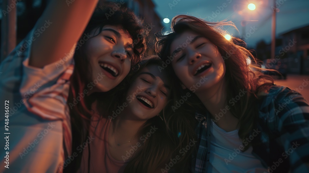 Group of happy teen friends laughing and taking a selfie in the street : Generative AI Group of happy teen friends laughing and taking a selfie in the street : Generative AI