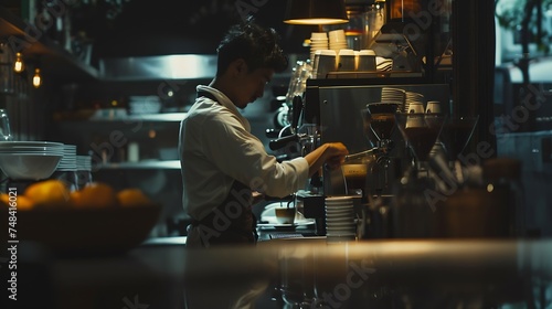 Cropped shot of a barista making coffee Seen from a side view in the restaurant Barista and coffee making concept : Generative AI