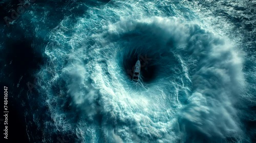 Whirlpool in the sea with little boat. Seamless looping time-lapse 4k video animation background